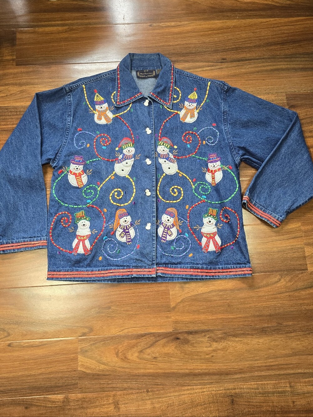 Vtg 90s New Directions Christmas Denim Jacket Snowman Ebroidered Size Medium